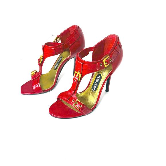 Tom Ford Red Leather Buckle T-Strap High Heel Sandals Size 37.5 - Picture 8 of 10